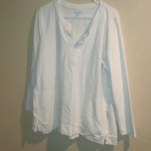 J. Jill V Neck Pullover Textured Cotton Blend Cream Ivory Soft Top LP - Picture 1 of 7